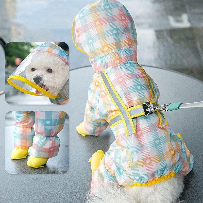 Capa de chuva de quatro pernas integrada no peito e nas costas para cães