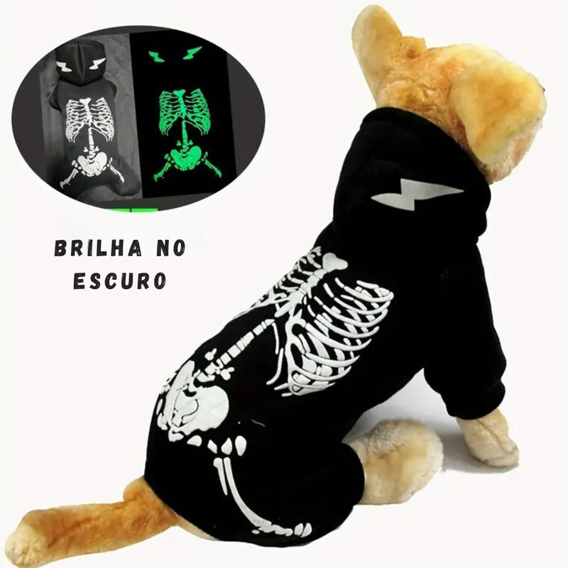 Fantasia de Esqueleto Luminoso com Capuz para Pets – Estilo Assustador e Divertido para seu Pet Brilhar no Escuro!